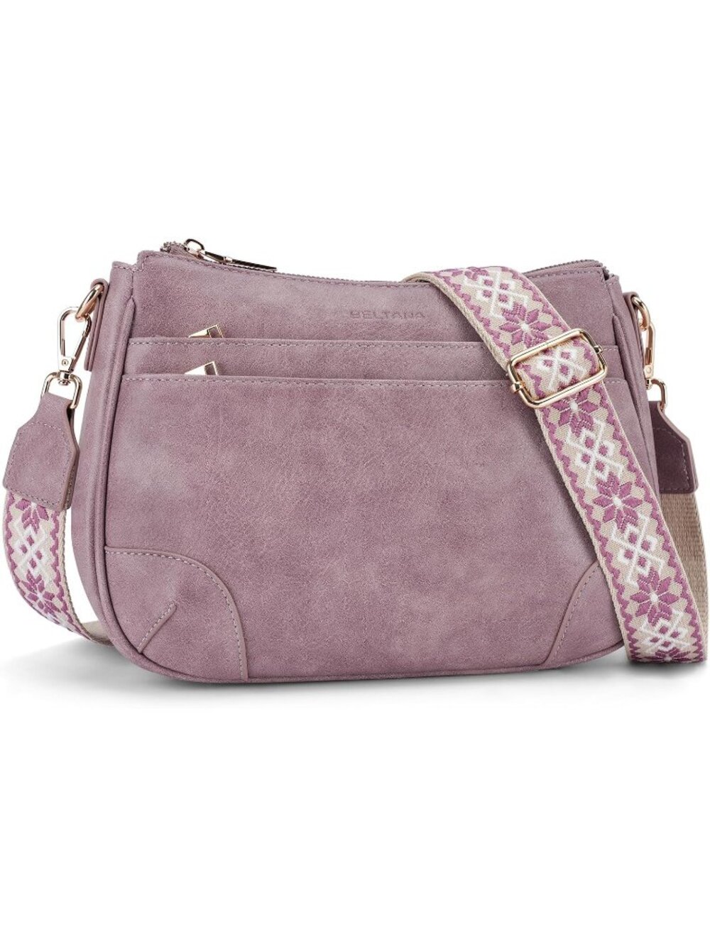 Women’s Pink Vegan Leather Hobo Strap Purse Multi Pocket Handbag Crossbody Bag